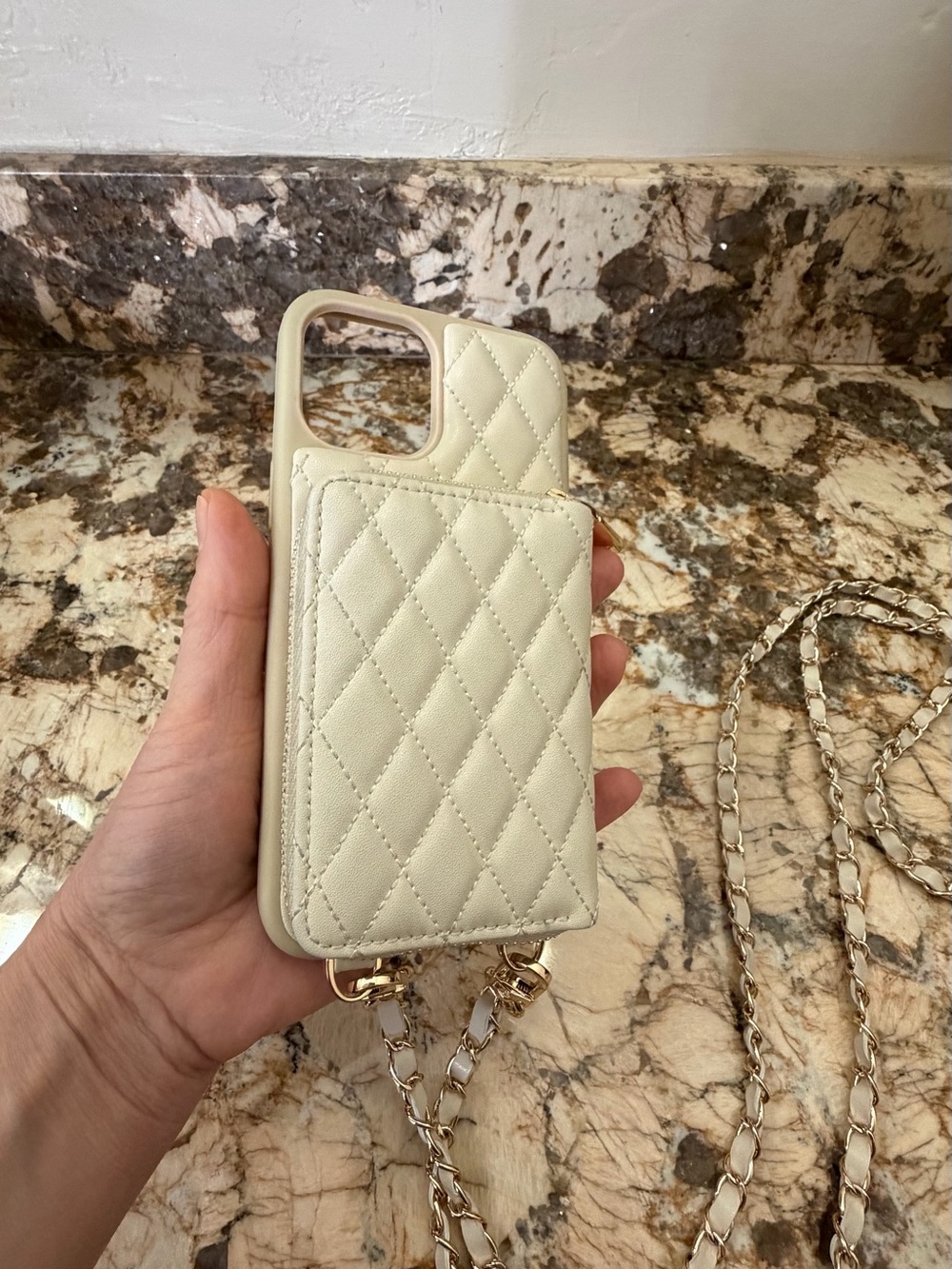 Stylish Cream Quilted Crossbody iPhone 12 Pro Max Case with Card Pocket